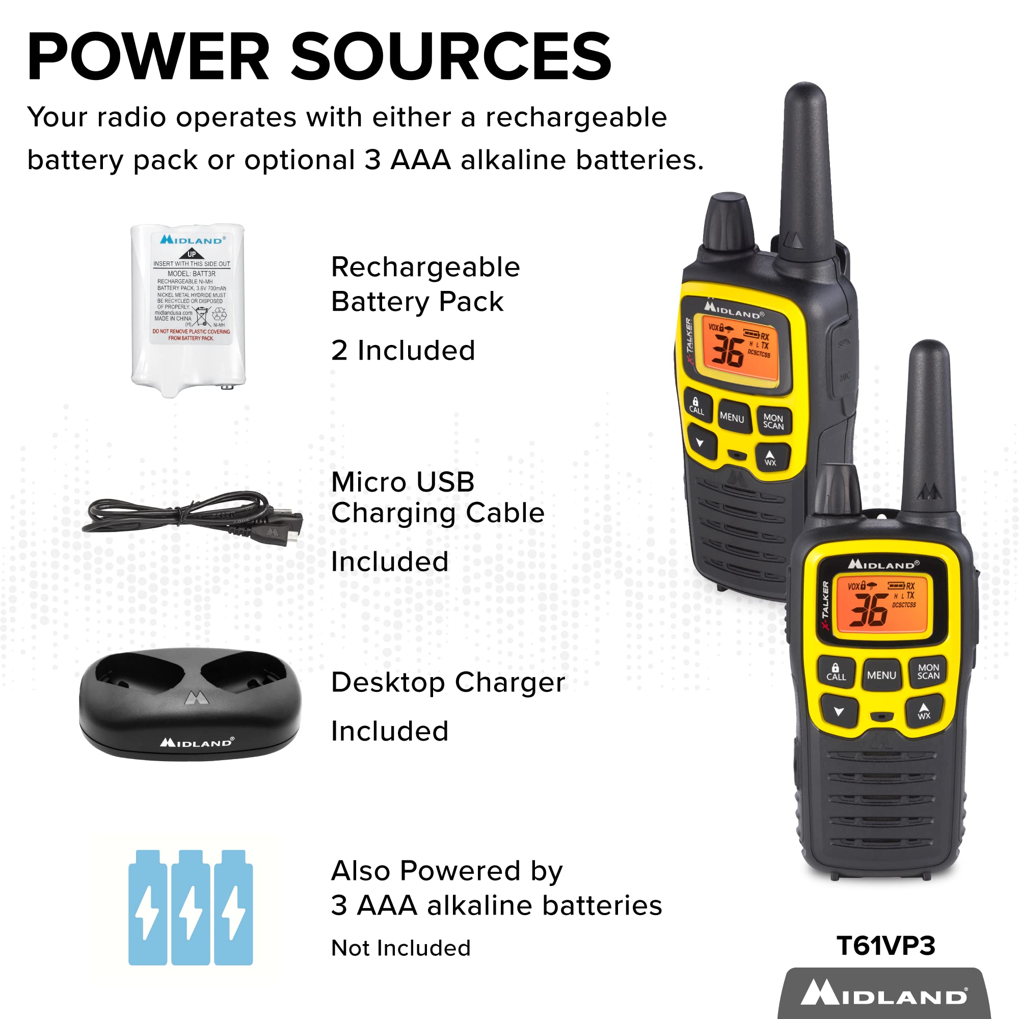 Midland�   T61Vp3 X Talker   Two Way Radio   36 Channel Frs  Long Range Walkie Talkie, 121 Privacy Codes, & Noaa Weather Scan & Alert Black/Yellow, 2 Pack